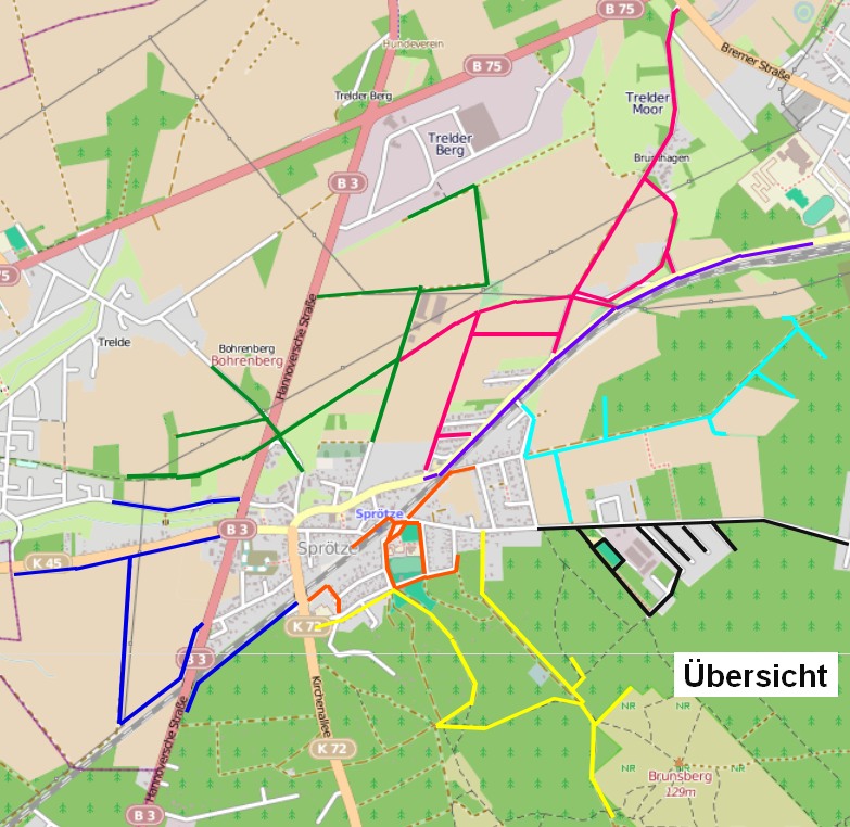 Übersichtskarte Sammelstrecken für "Sprötze räumt auf"